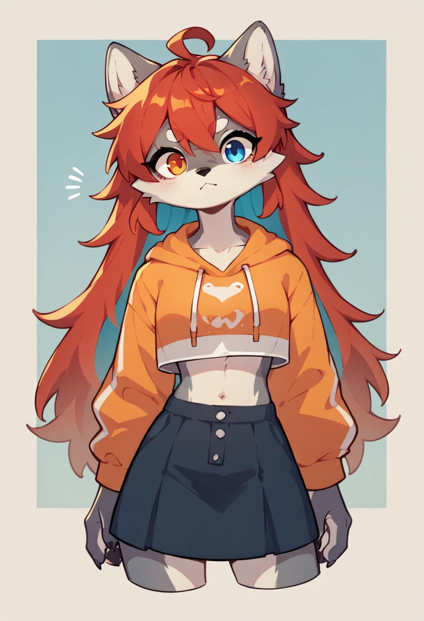 1girl furry,wolf , colorful hair, ,, red hair dye tips in hair, long hair, skirt, hoodie, blue and red,one blue eye, one orange eye