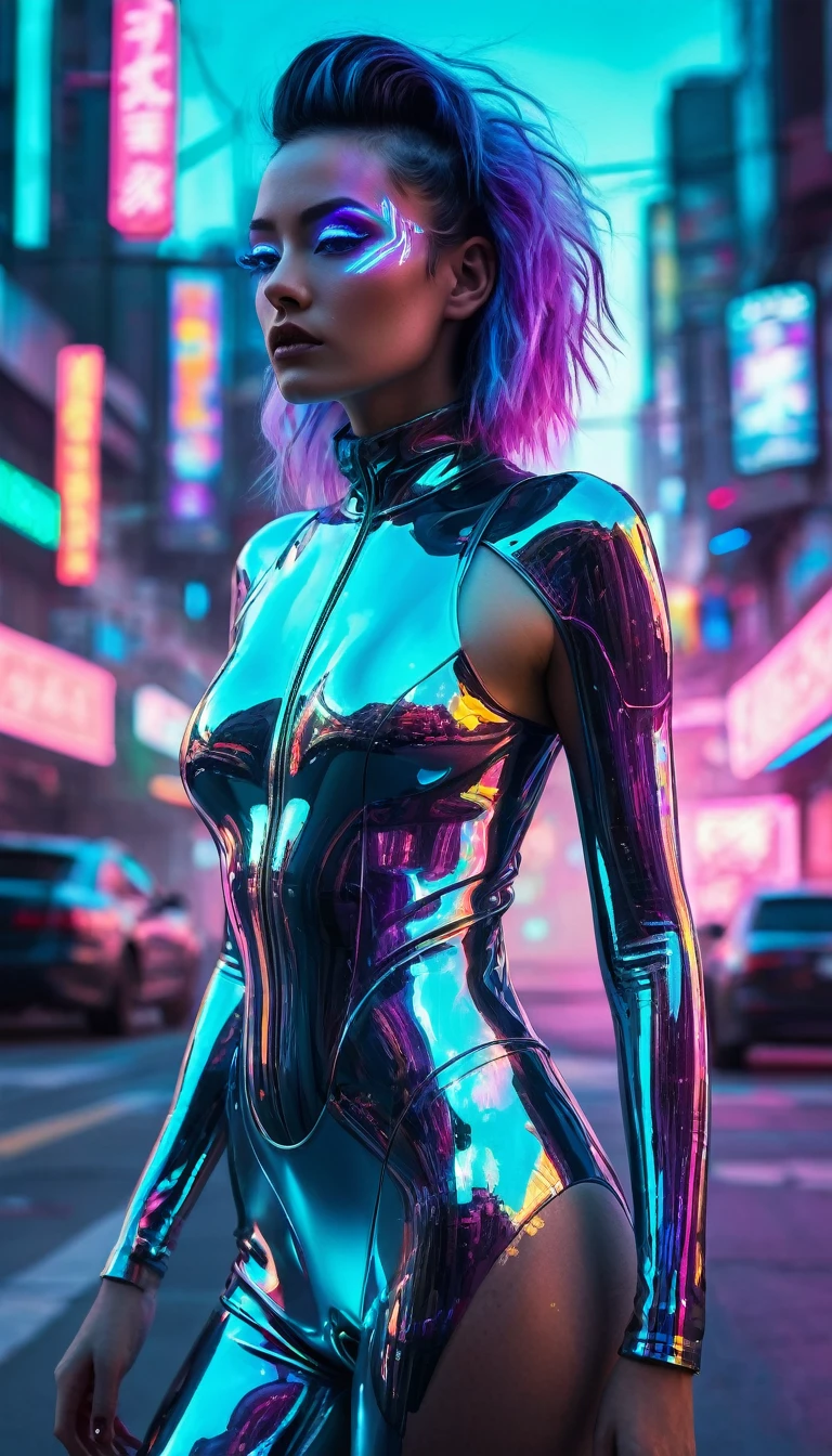 A glitching cyberpunk woman phases between realities on a neon-lit street. Her chrome bodysuit flickers with data streams. Holographic hair shifts colors rapidly. Quantum code tattoos pulse on her skin. Her cyber-eyes project alternate dimensions. Megastructures and hover-cars blur in the smog-filled background. Hyper-realistic digital painting style.