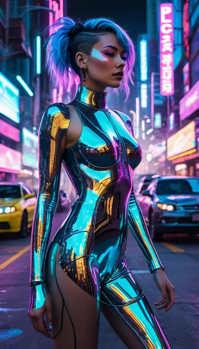 A glitching cyberpunk woman phases between realities on a neon-lit street. Her chrome bodysuit flickers with data streams. Holographic hair shifts colors rapidly. Quantum code tattoos pulse on her skin. Her cyber-eyes project alternate dimensions. Megastructures and hover-cars blur in the smog-filled background. Hyper-realistic digital painting style.