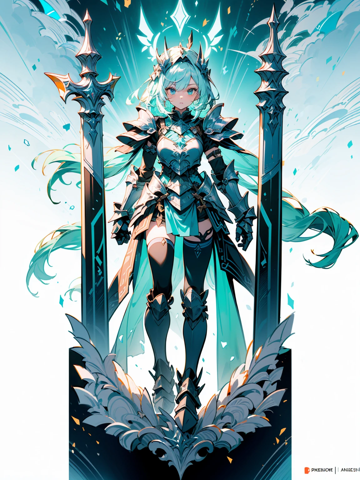 (((masterpiece, best quality, high detailed, 8k))) Design a layout showcase Gaming character, (1girl). Green+Gold armor, stylish and unique. ((showcase weapon:1.4)), nature staff. (masterpiece:1.2), (best quality), 4k, ultra-detailed. (Step by step design, layout art:1.5), (luminous lighting, atmospheric lighting). druid, ((glove full hands)), (((revealing armor:1.3))), vambraces, armored legwear, (((full_body_shot:1.4))). {In a magical meadow}.
