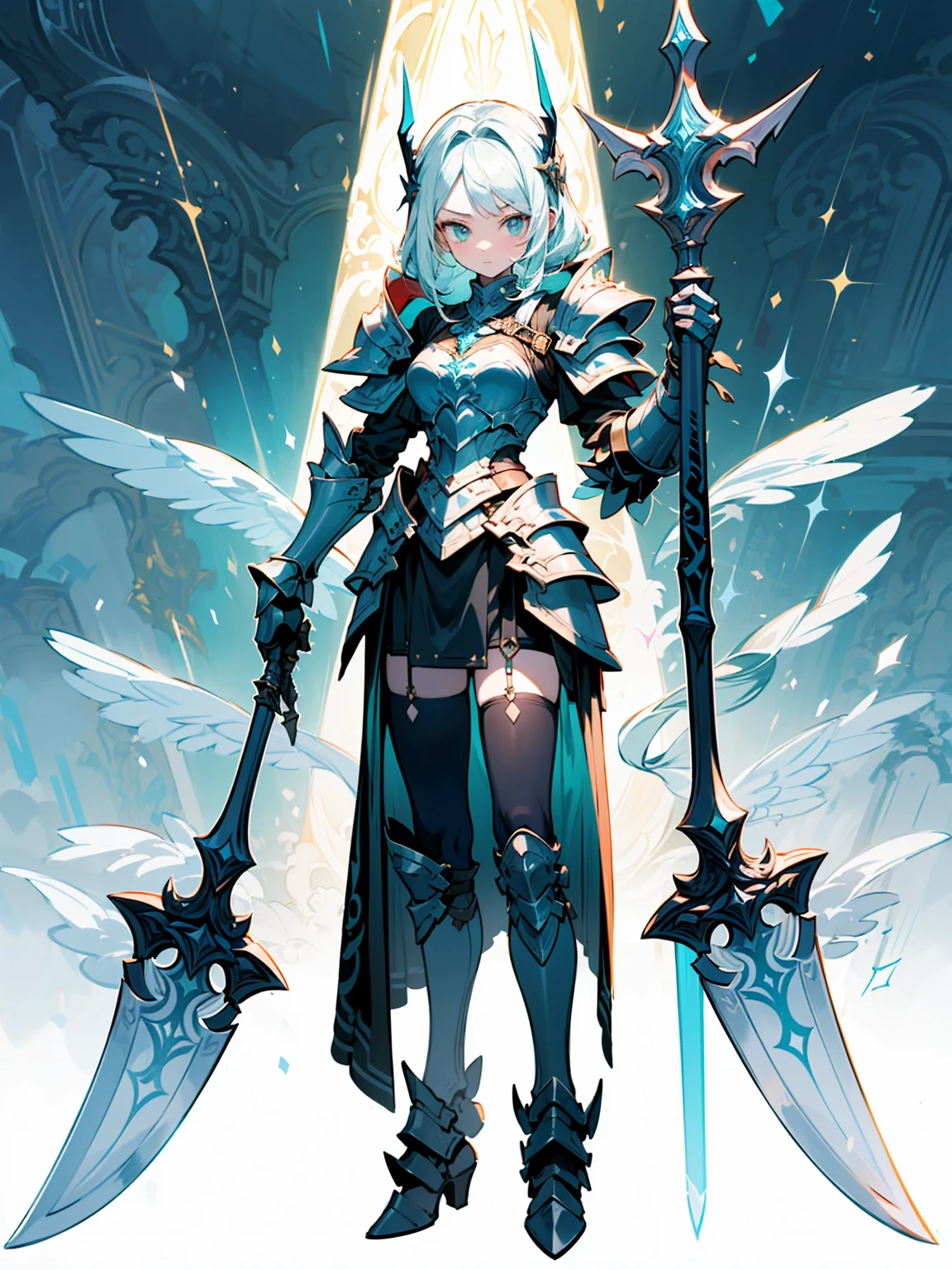 (((masterpiece, best quality, high detailed, 8k))) Design a layout showcase Gaming character, (1girl). Green+Gold armor, stylish and unique. ((showcase weapon:1.4)), nature staff. (masterpiece:1.2), (best quality), 4k, ultra-detailed. (Step by step design, layout art:1.5), (luminous lighting, atmospheric lighting). druid, ((glove full hands)), (((revealing armor:1.3))), vambraces, armored legwear, (((full_body_shot:1.4))). {In a magical meadow}.
