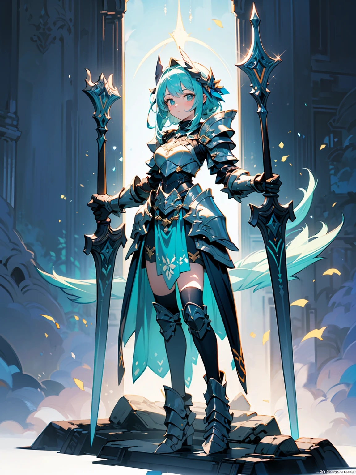 (((masterpiece, best quality, high detailed, 8k))) Design a layout showcase Gaming character, (1girl). Green+Gold armor, stylish and unique. ((showcase weapon:1.4)), nature staff. (masterpiece:1.2), (best quality), 4k, ultra-detailed. (Step by step design, layout art:1.5), (luminous lighting, atmospheric lighting). druid, ((glove full hands)), (((revealing armor:1.3))), vambraces, armored legwear, (((full_body_shot:1.4))). {In a magical meadow}.