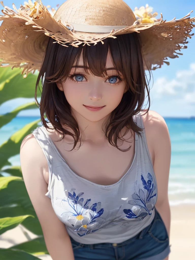 (Highest quality、8k、32K、masterpiece)、(Realistic)、(Realistic:1.2)、(High resolution)、Very detailed、Very beautiful face and eyes、(((Women's Solo Shot)))、Frame In、Tight waist、(Highest quality、Attention to detail、Rich skin detail)、(Highest quality、8k、Oil paints:1.2)、(Realistic、Realistic:1.37)、Bright colors、(((Cowboy Shot)))、(((Bob Hair)))、(((smile)))、(((Brown Hair)))、(((Grey tank top)))(((Botanical print tank top)))、(((Blue Hot Pants)))、(((I'm on the beach)))、(((I can see the horizon)))、((Touching your head with your hands))、(((blue sky)))、(((Wearing a straw hat)))