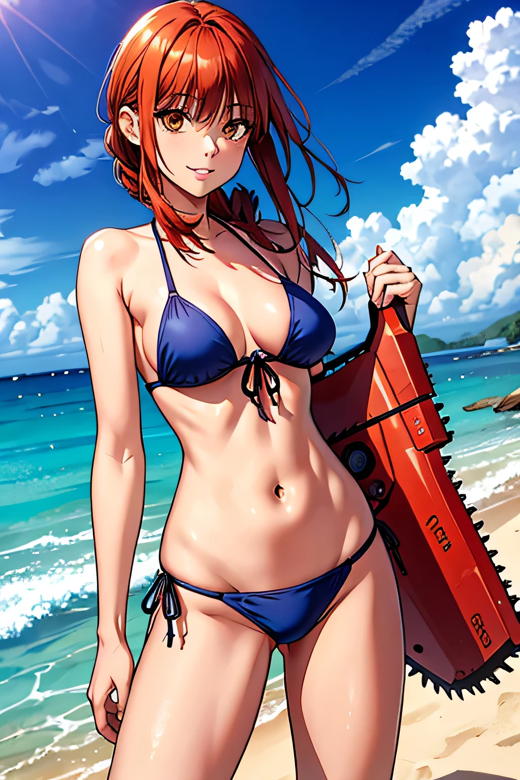 (Makima Chainsaw Man), wearing bikini, going, beachfront, Sunnyday, hot weather