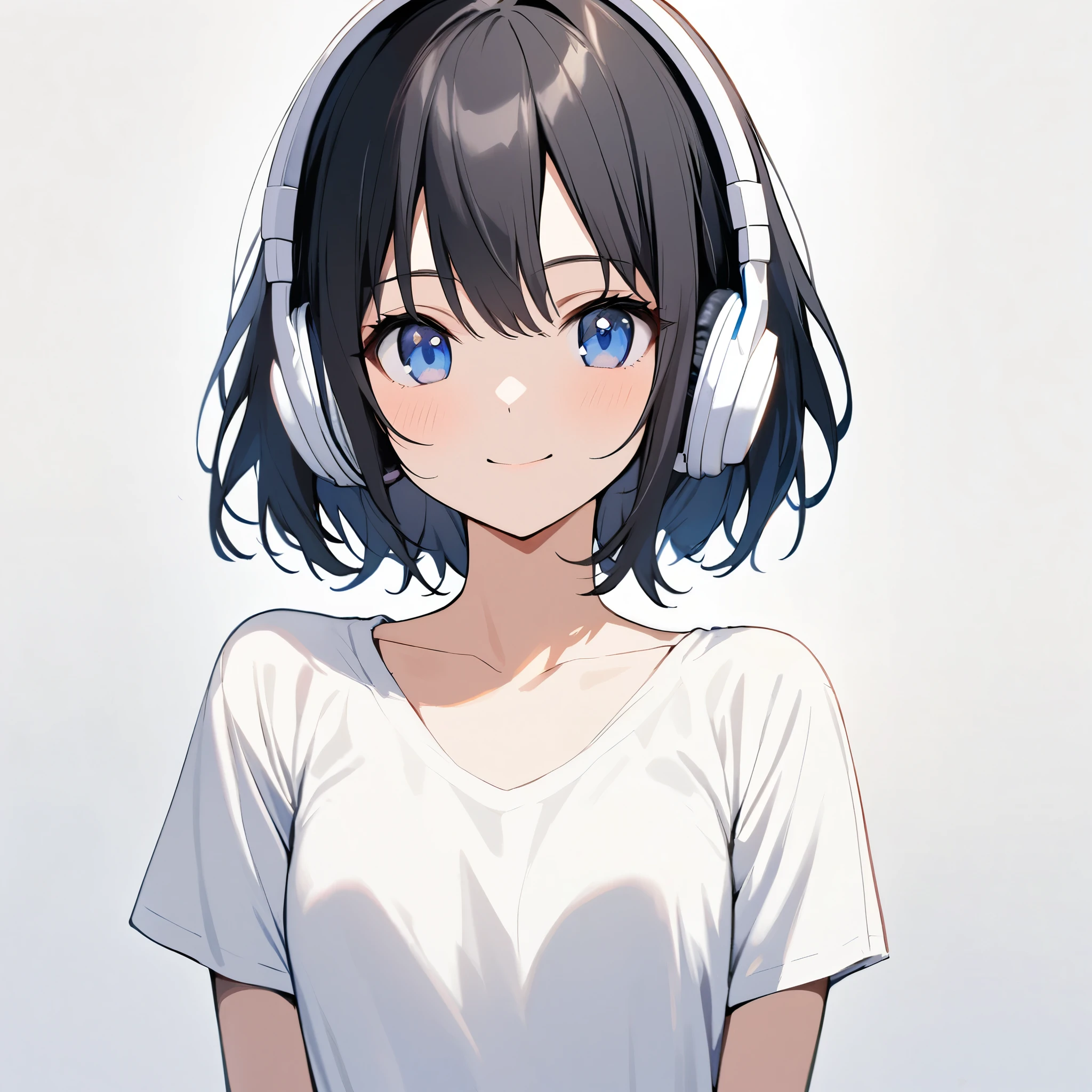 beautiful 1girl, solo, gentle smile on her face flat chest, short hair, black hair, blue eyes, young, adult woman, blank background, while wearing wireless white headphones, white t shirt