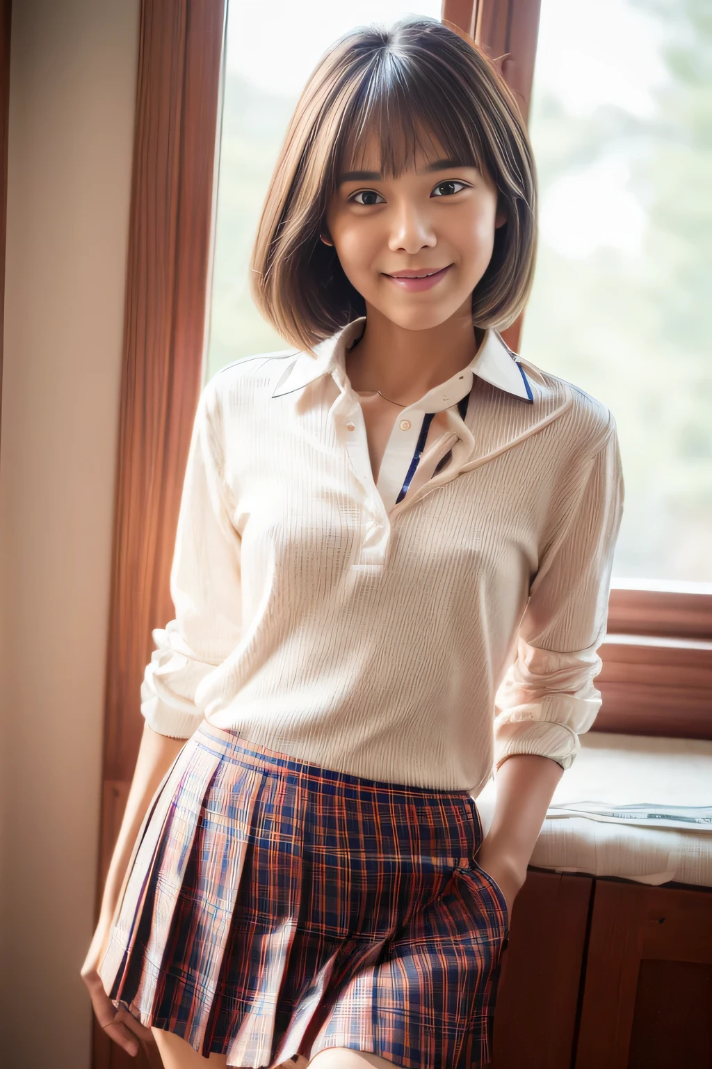 masterpiece, best quality, ultra quality, high quality, realistic, photo realistic, warm lighting,natural lighting,cinematic lighting,RAW photo, hyper detailed, intricate detailed, perfect anatomy, Fujifilm XT3,1girl,Japanese,(slender abs:1.3), hairy pussy,camel toe, Black semi-long twintails with blunt bangs, (from front:1.1),(look at camera:1.1),smile,(blushing:1.3),teary eyes,(standing:1.2),bedroom,(mideum shot),Glasses,(smile),(no bra,braless:1.3),(wearing collared white blouse:1.3),(wearing striped panty:1.3),(wearing tartan check skirt:1.3),braless,