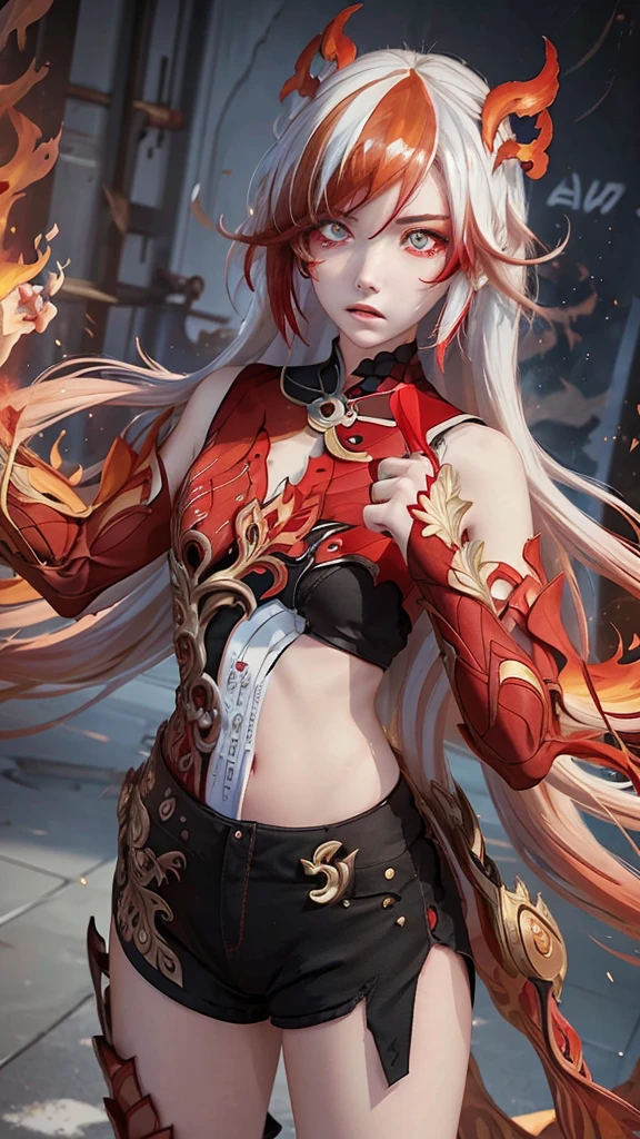 Anime girl with flowing, fiery red hair and intricate white highlights, her eyes burning with rage and her hand clenched into a tight fist, her expression fierce and determined. She stands amidst a dynamic, colorful splash art background, with bright streaks of red and white adding to the chaotic scene