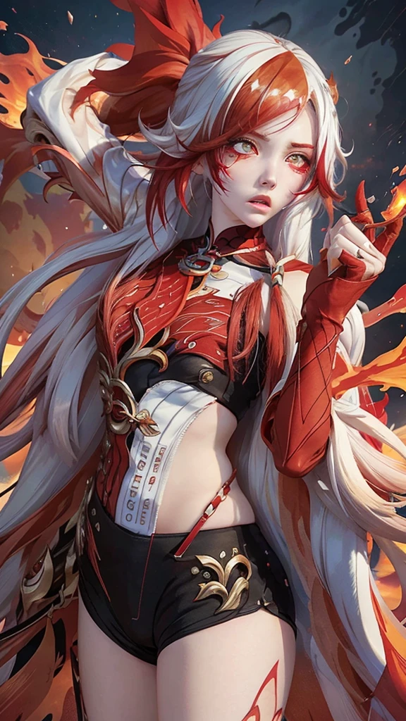 Anime girl with flowing, fiery red hair and intricate white highlights, her eyes burning with rage and her hand clenched into a tight fist, her expression fierce and determined. She stands amidst a dynamic, colorful splash art background, with bright streaks of red and white adding to the chaotic scene