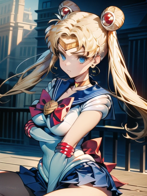 (masterpiece, best quality ) (sailor moon) aausagi, blonde, ywllow hair, hands chained to the ceilling, lifting arms above head, double bun, twintails, parted bangs, circlet, jewelry, earrings, choker, red bow, white gloves, elbow gloves, blue skirt style, red bow, blue eyes, visible bellybutton, underboob, sitting on a window sill with a black bra and cuffs, wrapped in leather straps, leather cuffs around wrists, restrained, harnesses and garters, handcuffed, handcuffs,  dominant pose, sexy dominant pose,