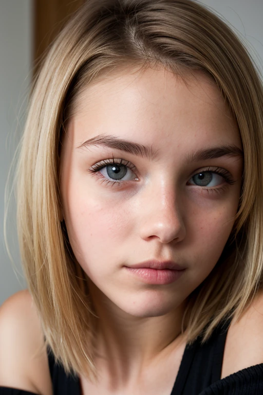 19 yo blonde girl . Full lips. Eyes wide. Very short hair