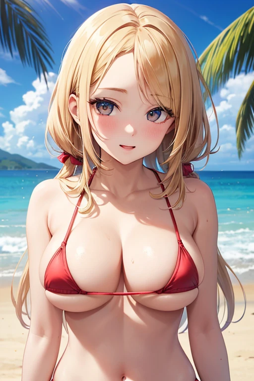 One Woman, Highest quality, masterpiece, Super Resolution, Large Breasts, Red micro bikini, Idol, Beauty, Underboob, Sideboob, Beach, from the front, Cleavage, 8k, High resolution eyes, High-resolution contours, Mature Woman, Married Woman, Adult charm, 大人のsex appeal, Forehead visible, Stylish, Sexy expression, Mother, High-resolution pupils, blush, Droopy eyes, High resolution face, Blonde, deck, sexy, High resolution breasts, Ultra HD, Open your mouth, model, Emphasize the chest, Upper Body, sex appeal, High resolution mouth, Sandy Beach, Ocean, Standing posture, Bitch, Sexy body