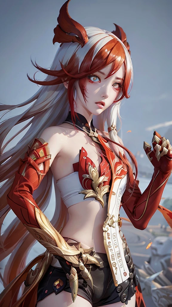 Anime girl with red hair and white details, detailed anime face with expressive eyes and a mad expression, clenching her fist, shown in a half-body view set in a vibrant splash art background