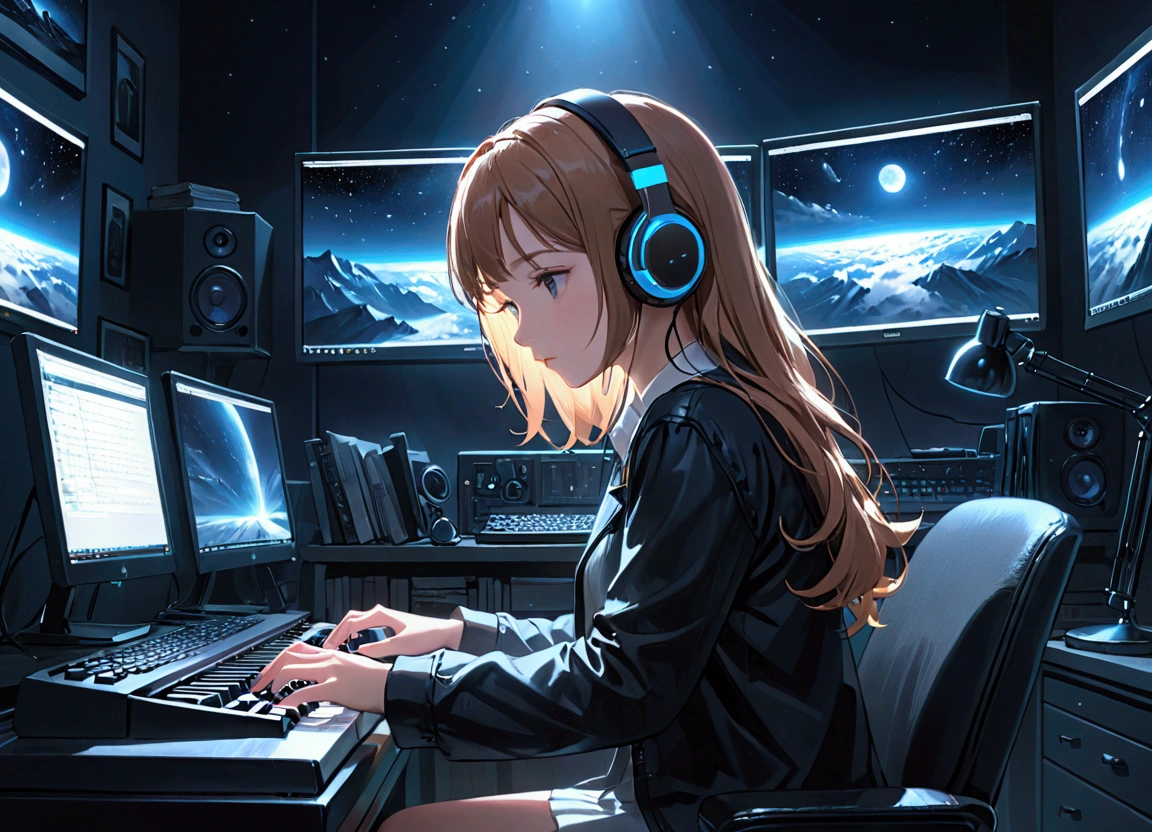 Highest quality,masterpiece,,high resolution,4K,Atmospheric,Detailed Description,Girl typing on a computer keyboard,night,Private room,headphone,アニメ