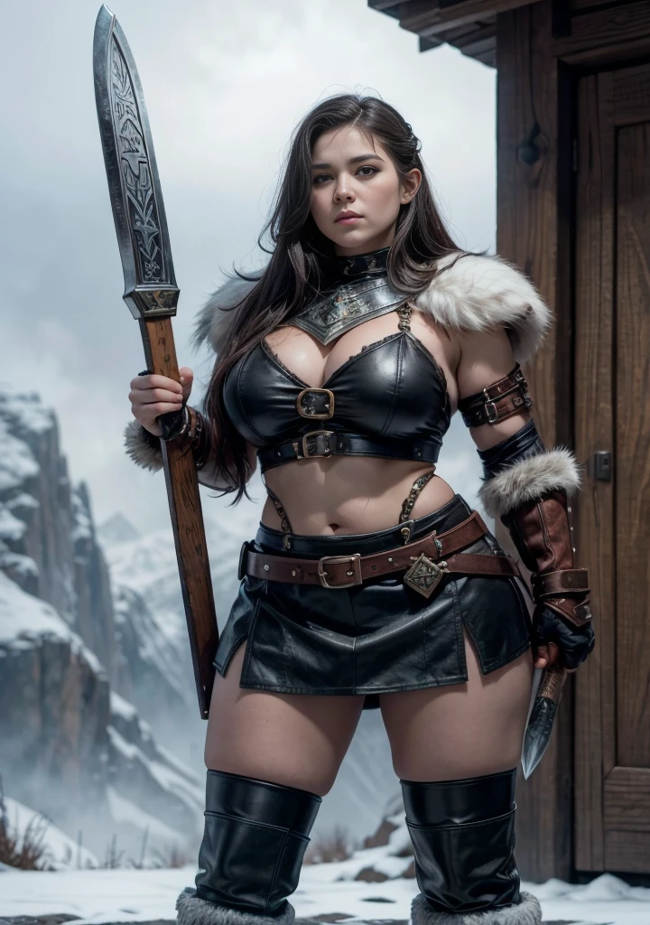 a painting of a powerful mountain dwarf holding a combat hammer, in furry bearskin armor for cold weather covering his breastplate, she only wears furry leather pants that cover her powerful muscular thighs, she wears furry leather boots, holding a large War Hammer, dwarf warrior woman, a beautiful berserker woman, north female warrior, Female Warrior, north adult female warrior, female barbara, dwarven woman, viking feminino, picture of female barbara, female dwarf woman