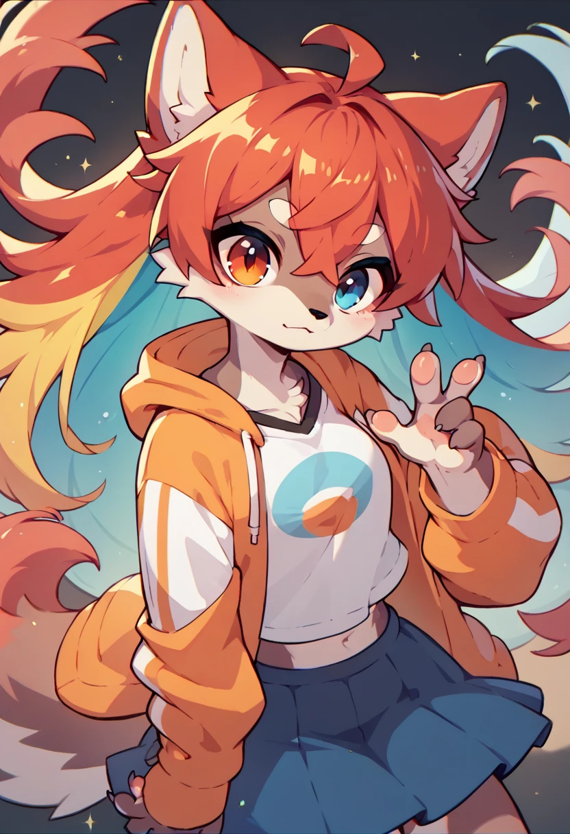 1girl furry,wolf , colorful hair, ,, red hair dye tips in hair, long hair, skirt, hoodie, blue and red,one blue eye, one orange eye