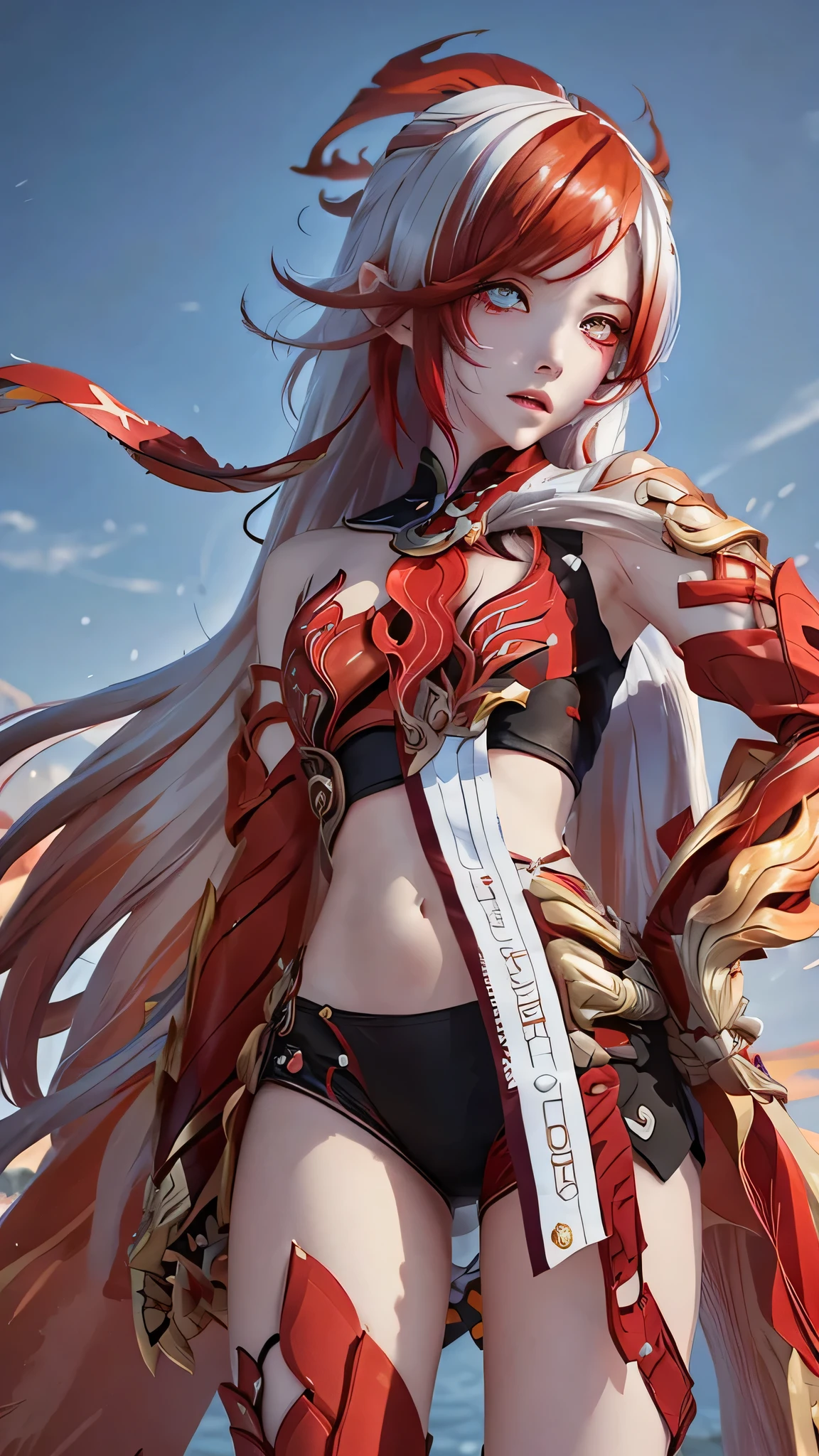 Anime girl with red hair and white details, detailed anime face with expressive eyes and a mad expression, clenching her fist, shown in a half-body view set in a vibrant splash art background