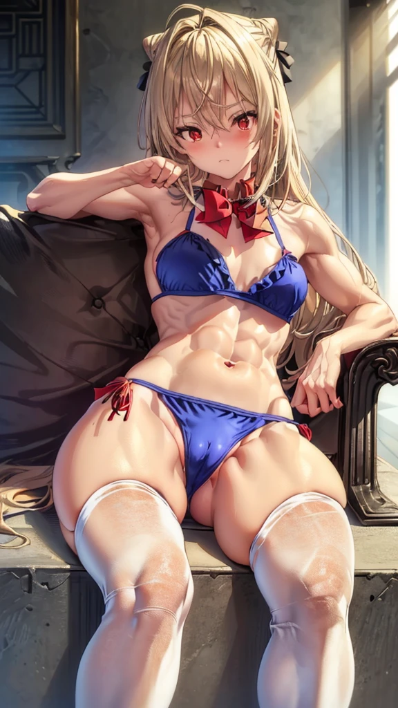 (((1 ta girl))), when he plows, (Red eyes: 1.5), blond hair, (blond hair: 1.1), by the wide, conical bun, hair ornament, hair shots, He drowned, Stripe, blue bow tie, (tight short bikini, ((red bikini)), white thighs, white thigh highs), has, (muscular belly), well muscled abs, Wide hips, Thin waist, small breasts, (((pointing with her hands at her pussy))), wearing black heels, (((sitting or sitting))), {{sentada abriendo las piernas showing her tight pussy because of the bikini}}, ((showing her tight pussy because of the bikini)), {{{Full body photo}}}, blushing, embarrassed, ashamed, REST looking at the viewer , breaking and entering, pool, {pool de fondo}, interval (masterpiece: 1.2), Best Quality, highest resolution, unity wallpaper 8k, (illustration: 0.8), (beautiful detailed eyes: 1, 6), extremely detailed face, perfect lighting, Extremely detailed CG, (perfect anatomy), {anatomically correct}, {{perfect hands, (correct hands)}.
