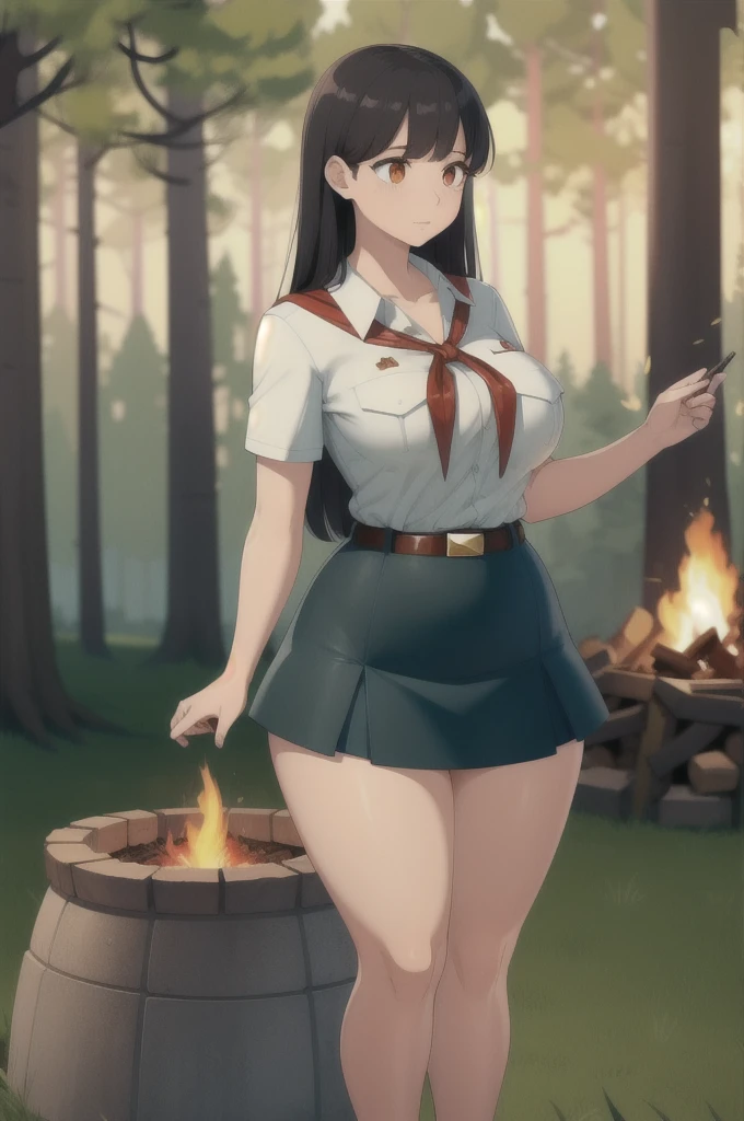 high quality, best quality, beautiful, perfect lighting, detailed face, ultra cute face, 1girl, solo, black hair, long hair, orange eyes, big breasts, large breats, huge breats, thick thighs, wind lift, outdoors, grass, field, forest, pioneer neckerchief, pioneer movement soviet pioneer, short skirt, blue skirt, bangs, shirt, collarbone, white shirt, short sleeves, collared shirt, belt, neckerchief, eyelashes, red neckerchief, pocket, breast pocket, night, forest, campfire