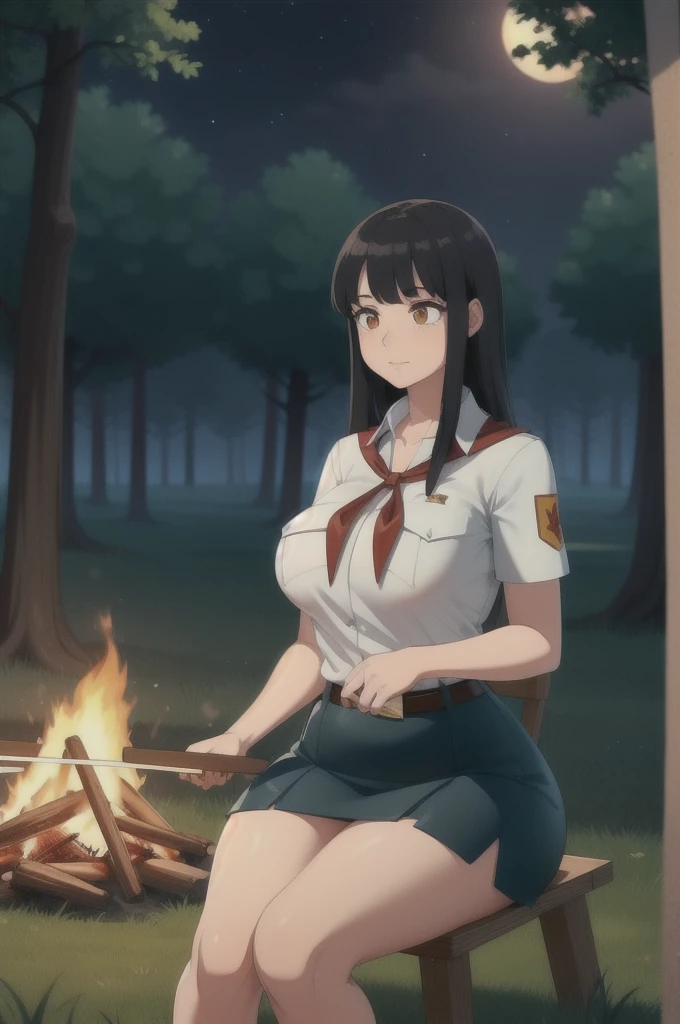 high quality, best quality, beautiful, perfect lighting, detailed face, ultra cute face, 1girl, solo, black hair, long hair, orange eyes, big breasts, large breats, huge breats, thick thighs, wind lift, outdoors, grass, field, forest, pioneer neckerchief, pioneer movement soviet pioneer, short skirt, blue skirt, bangs, shirt, collarbone, white shirt, short sleeves, collared shirt, belt, neckerchief, eyelashes, red neckerchief, pocket, breast pocket, night, forest, campfire