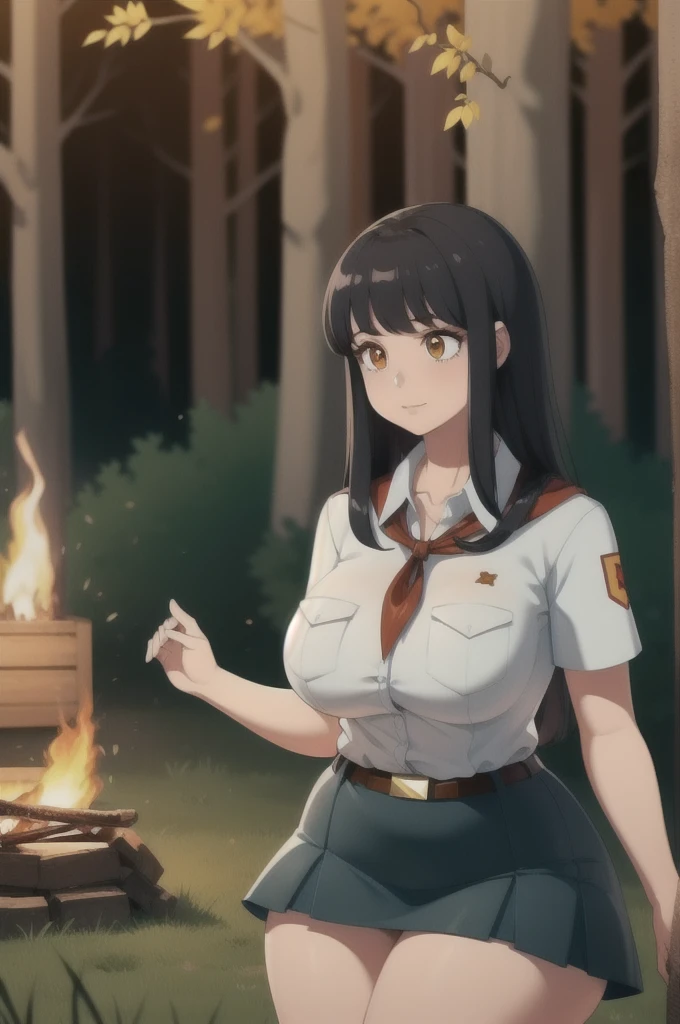 high quality, best quality, beautiful, perfect lighting, detailed face, ultra cute face, 1girl, solo, black hair, long hair, orange eyes, big breasts, large breats, huge breats, thick thighs, wind lift, outdoors, grass, field, forest, pioneer neckerchief, pioneer movement soviet pioneer, short skirt, blue skirt, bangs, shirt, collarbone, white shirt, short sleeves, collared shirt, belt, neckerchief, eyelashes, red neckerchief, pocket, breast pocket, night, forest, campfire