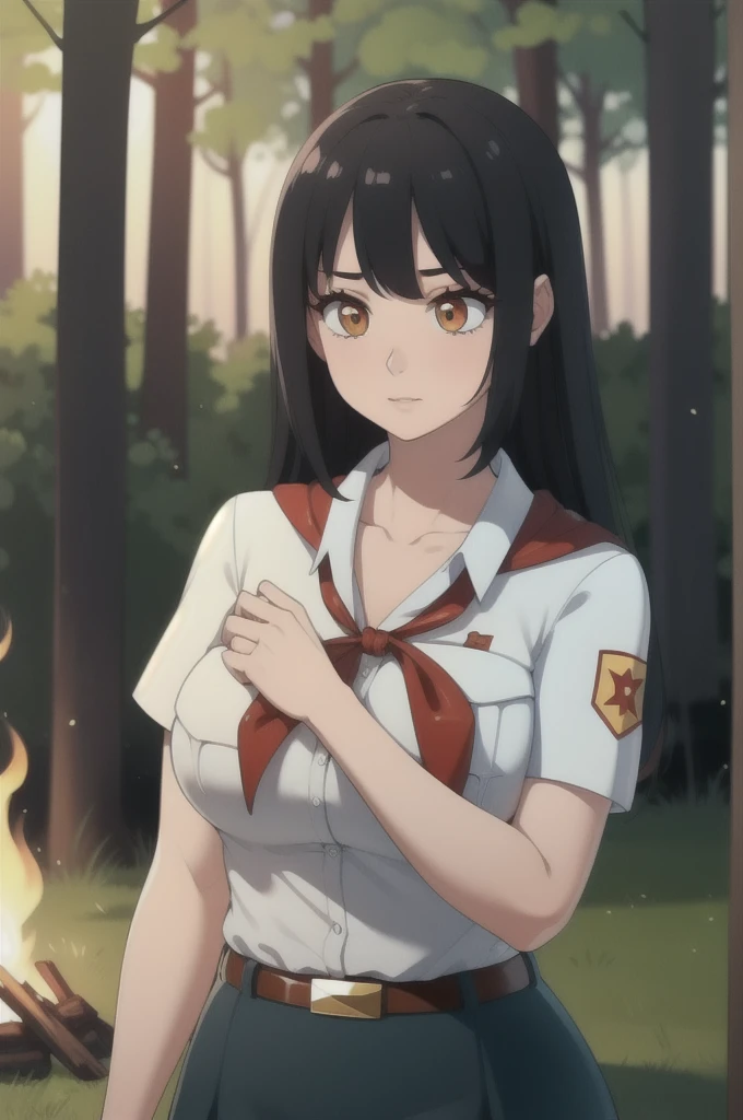 high quality, best quality, beautiful, perfect lighting, detailed face, ultra cute face, 1girl, solo, black hair, long hair, orange eyes, big breasts, large breats, huge breats, thick thighs, wind lift, outdoors, grass, field, forest, pioneer neckerchief, pioneer movement soviet pioneer, short skirt, blue skirt, bangs, shirt, collarbone, white shirt, short sleeves, collared shirt, belt, neckerchief, eyelashes, red neckerchief, pocket, breast pocket, night, forest, campfire