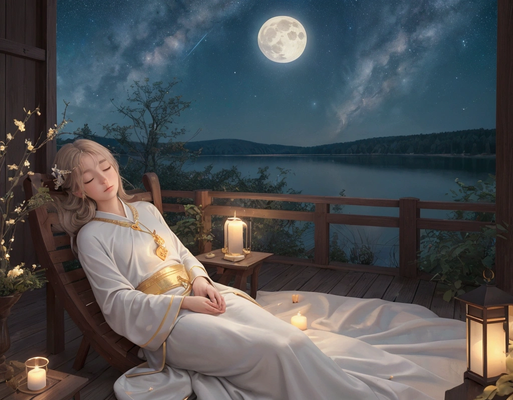 Create a relaxing, serene image that evokes peace and tranquility. The image should show an angelic figure of Michael the Archangel in soft tones, surrounded by a bright, protective light. No fundo, place a starry night sky with a full moon. Add a cozy bed in the foreground, suggesting a sleep environment. Use soft colors and calming tones to convey a feeling of deep relaxation. Include your chosen title at the top or bottom of the image in an elegant, readable font.