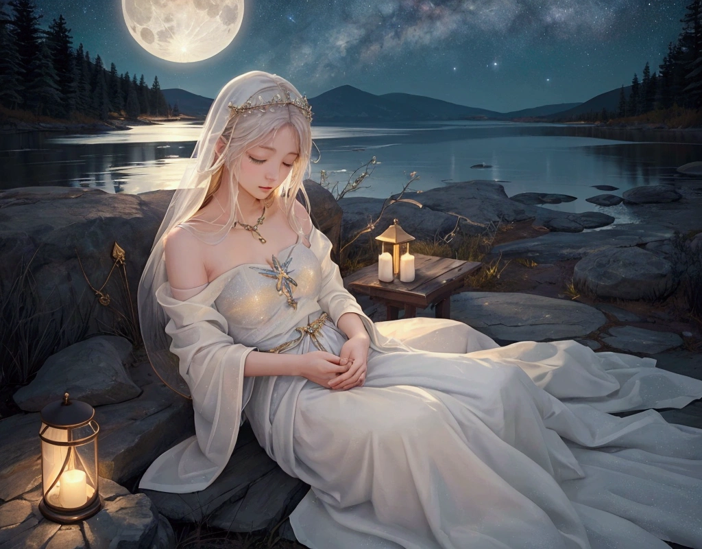 Create a relaxing, serene image that evokes peace and tranquility. The image should show an angelic figure of Michael the Archangel in soft tones, surrounded by a bright, protective light. No fundo, place a starry night sky with a full moon. Add a cozy bed in the foreground, suggesting a sleep environment. Use soft colors and calming tones to convey a feeling of deep relaxation. Include your chosen title at the top or bottom of the image in an elegant, readable font.
