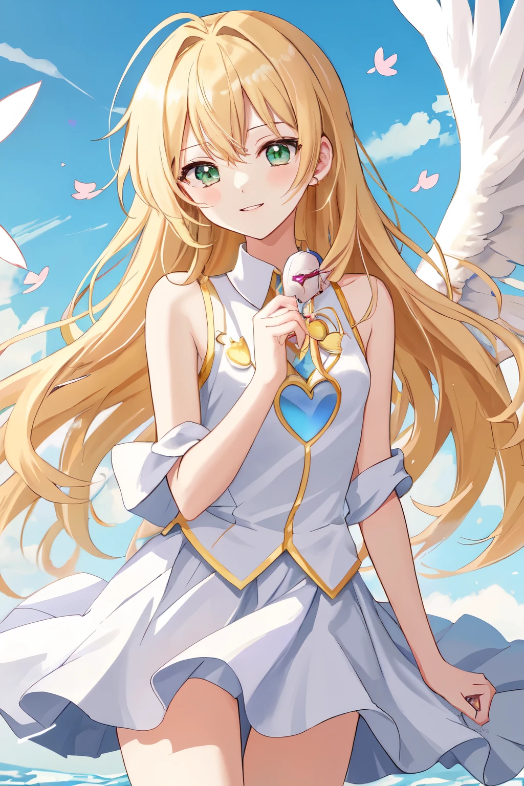 1_girl, (anime, kawai:2), (masterpeice, best_quality, clean:1.5), (sky_background:1.2), (cute, cute_smile, beautiful, wholesome, young:1.8), (delicate, extremely_delicate, beautiful, thin:1.5), (angel:1.8), (green_eyes, simple_eyes:1.8) (long_hair, blond_hair:1.8), wearing_pink_dress, pink_angel_wings:1.8), (combat:1.2), (nice, delicate:1.5), extremely_delicate, (love_magic:1.8), (age_size_fits_body), (small_thighs:1.3), (breasts), (eye_level:1.3), (heart_magic, love:1.8)