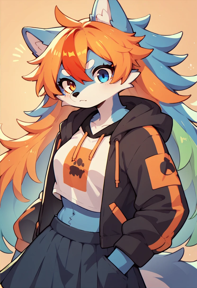 1girl furry,wolf , colorful hair,long hair, skirt, hoodie, blue and red,one blue eye, one orange eye