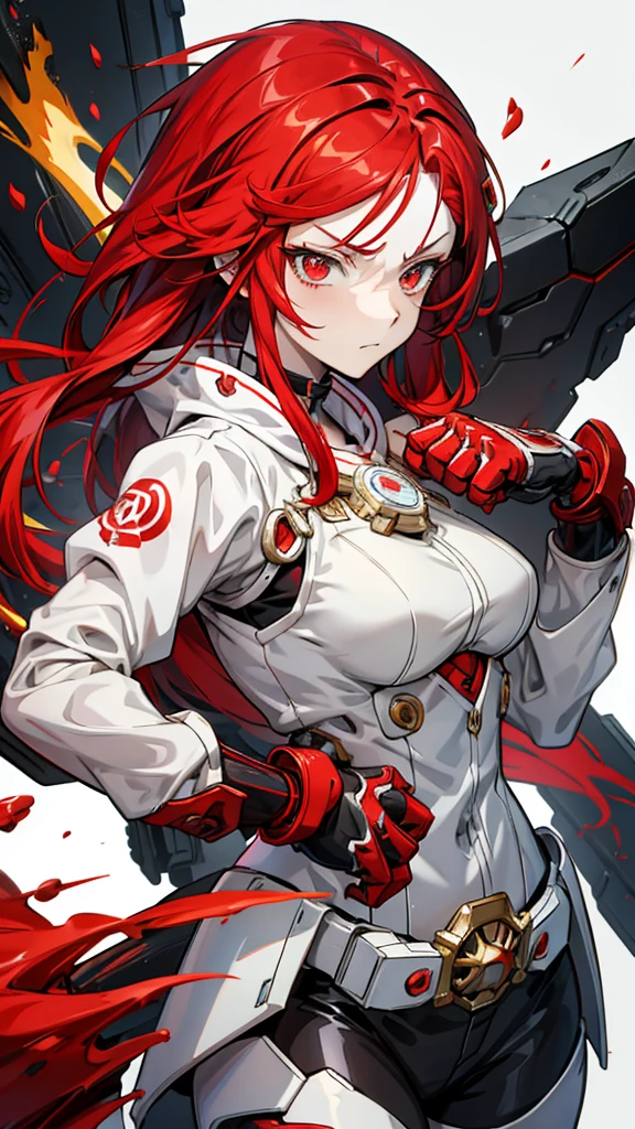 Anime girl with red hair and white details, detailed anime face with expressive eyes and a mad expression, clenching her fist, shown in a half-body view set in a vibrant splash art background
