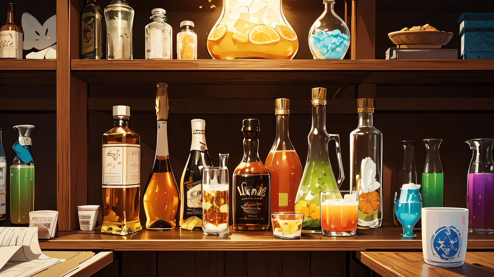 1 shelf of creative drinks, bottles of fantasy drinks and potions, front view of shelf, bottles, moody, gritty, single shelf, close up, masterpiece, clean lineart, clean anime outlines, best quality, high quality, high details, super detail, best quality, ultra-detailed, dynamic lighting, great lighting, bloom, super detailed, super fine, highres, colorful, masterpiece, HD, 4K, 8K   Rich Detail, HD 8K