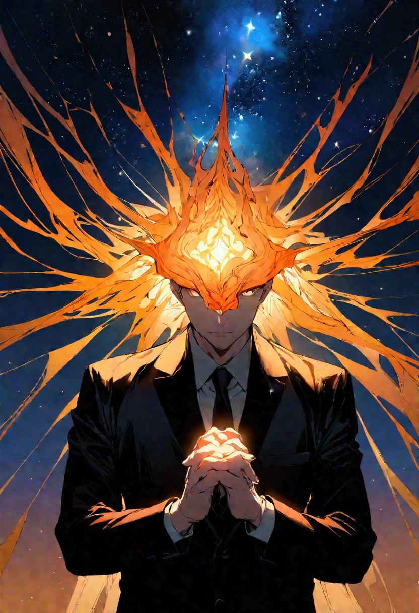 Create an image of a man with a confident and intense expression, dressed in a black suit, with hands clasped together in front of his face. The background should be a starry night sky with a gradient transitioning from blue to orange, giving a cosmic and mysterious vibe. Ensure the lighting highlights the man's face and creates a dramatic effect. The image should be focused and high-resolution, without any text.