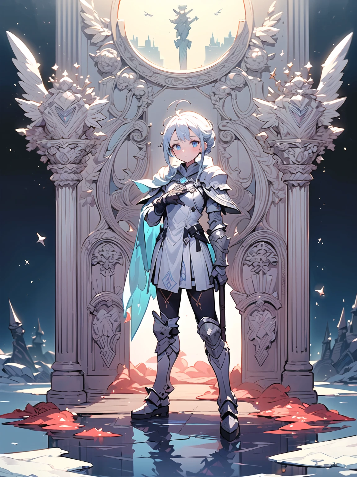 (((masterpiece, best quality, high detailed, 8k))) Design a layout showcase Gaming character, (1girl). Blue+White clothes, stylish and unique. ((showcase weapon:1.4)), ice spear. (masterpiece:1.2), (best quality), 4k, ultra-detailed. (Step by step design, layout art:1.5), (luminous lighting, atmospheric lighting). ice queen, ((glove full hands)), (((revealing clothes:1.3))), vambraces, armored legwear, (((full_body_shot:1.4))). {On a frozen lake}.