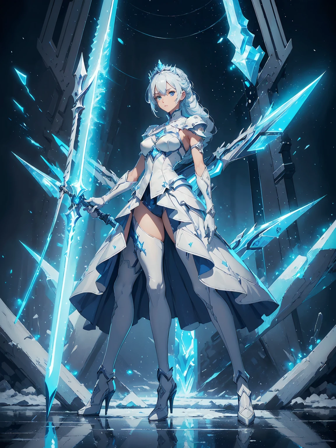 (((masterpiece, best quality, high detailed, 8k))) Design a layout showcase Gaming character, (1girl). Blue+White clothes, stylish and unique. ((showcase weapon:1.4)), ice spear. (masterpiece:1.2), (best quality), 4k, ultra-detailed. (Step by step design, layout art:1.5), (luminous lighting, atmospheric lighting). ice queen, ((glove full hands)), (((revealing clothes:1.3))), vambraces, armored legwear, (((full_body_shot:1.4))). {On a frozen lake}.