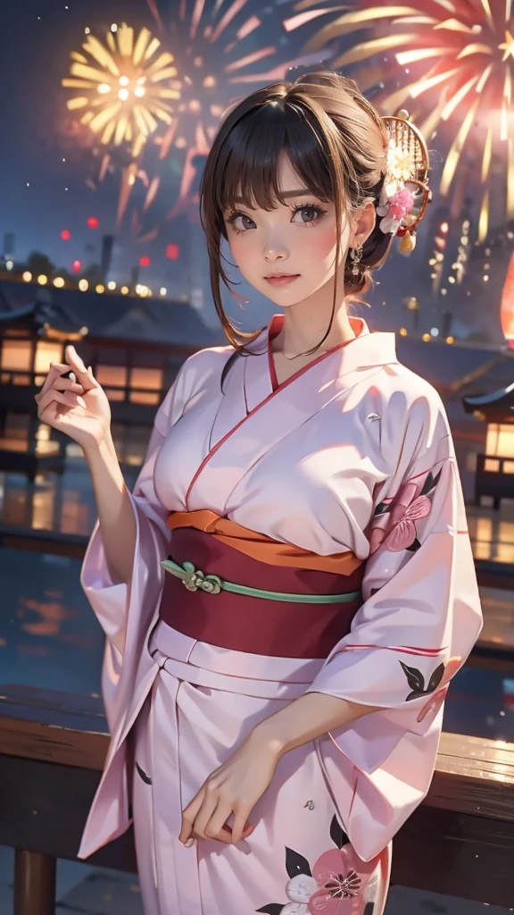 ((looking up at the fireworks:1.5)),((clothed:1.5),(japanese yukata:1.5)),(random hairstyle),(Thin type:1.5),(large breasts:1.5),(Highest image quality,(8K), Ultra-realistic, Best Quality, High quality, High Definition, high quality texture, high detailing, Beautiful detailed, fine detailed, extremely details CG, Detailed texture, realistic representation of face, masterpiece, presence)