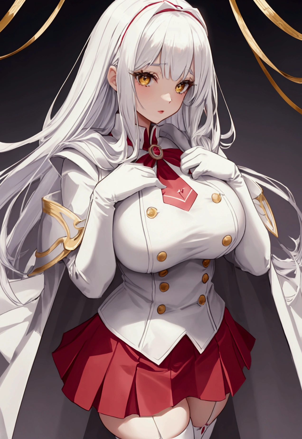 

thin, voluptuous young woman who has Ample bosom,pinkish pale skin and rosey cheeks.smooth, round face with an angular chin, and large, round, yellow eyes. thick and long eyelashes, same as her hair color and thin eyebrows, a very small nose, and full lips. she kept straight, pinkish white hair that fell to her mid-neck and mid-length bangs. astonishingly beautiful.dons a double-breasted, high-collared white coat with red trim.wears a long, red-trimmed, white wrap skirt, buckles. Beneath her skirt wear pink thigh-high socks and silver armored boots and white, red-lined capelet with a hood. She wears fingerless gloves on both hands
