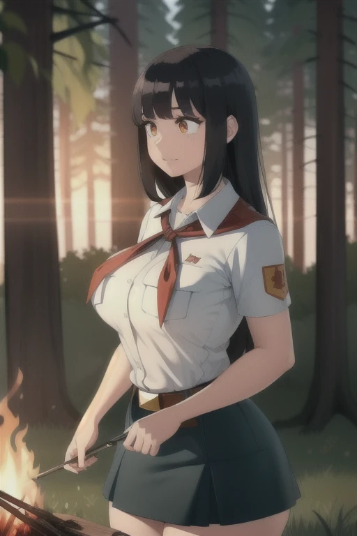 high quality, best quality, beautiful, perfect lighting, detailed face, ultra cute face, 1girl, solo, black hair, long hair, orange eyes, big breasts, large breats, huge breats, thick thighs, wind lift, outdoors, grass, field, forest, pioneer neckerchief, pioneer movement soviet pioneer, short skirt, blue skirt, bangs, shirt, collarbone, white shirt, short sleeves, collared shirt, belt, neckerchief, eyelashes, red neckerchief, pocket, breast pocket, night, forest, campfire