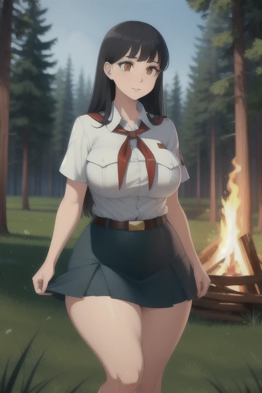 high quality, best quality, beautiful, perfect lighting, detailed face, ultra cute face, 1girl, solo, black hair, long hair, orange eyes, big breasts, large breats, huge breats, thick thighs, wind lift, outdoors, grass, field, forest, pioneer neckerchief, pioneer movement soviet pioneer, short skirt, blue skirt, bangs, shirt, collarbone, white shirt, short sleeves, collared shirt, belt, neckerchief, eyelashes, red neckerchief, pocket, breast pocket, night, forest, campfire