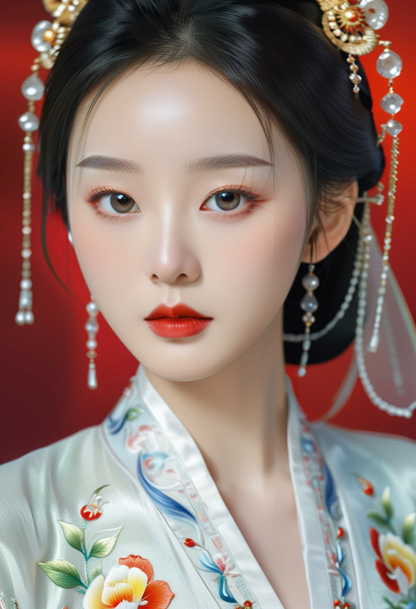 a very beautiful chinese girl, intricate traditional chinese dress, flawless porcelain skin, big eyes, luscious red lips, delicate facial features, elegant posture, ethereal expression, cinematic lighting, vibrant colors, masterful digital painting, detailed realism, photorealistic, high resolution, award-winning