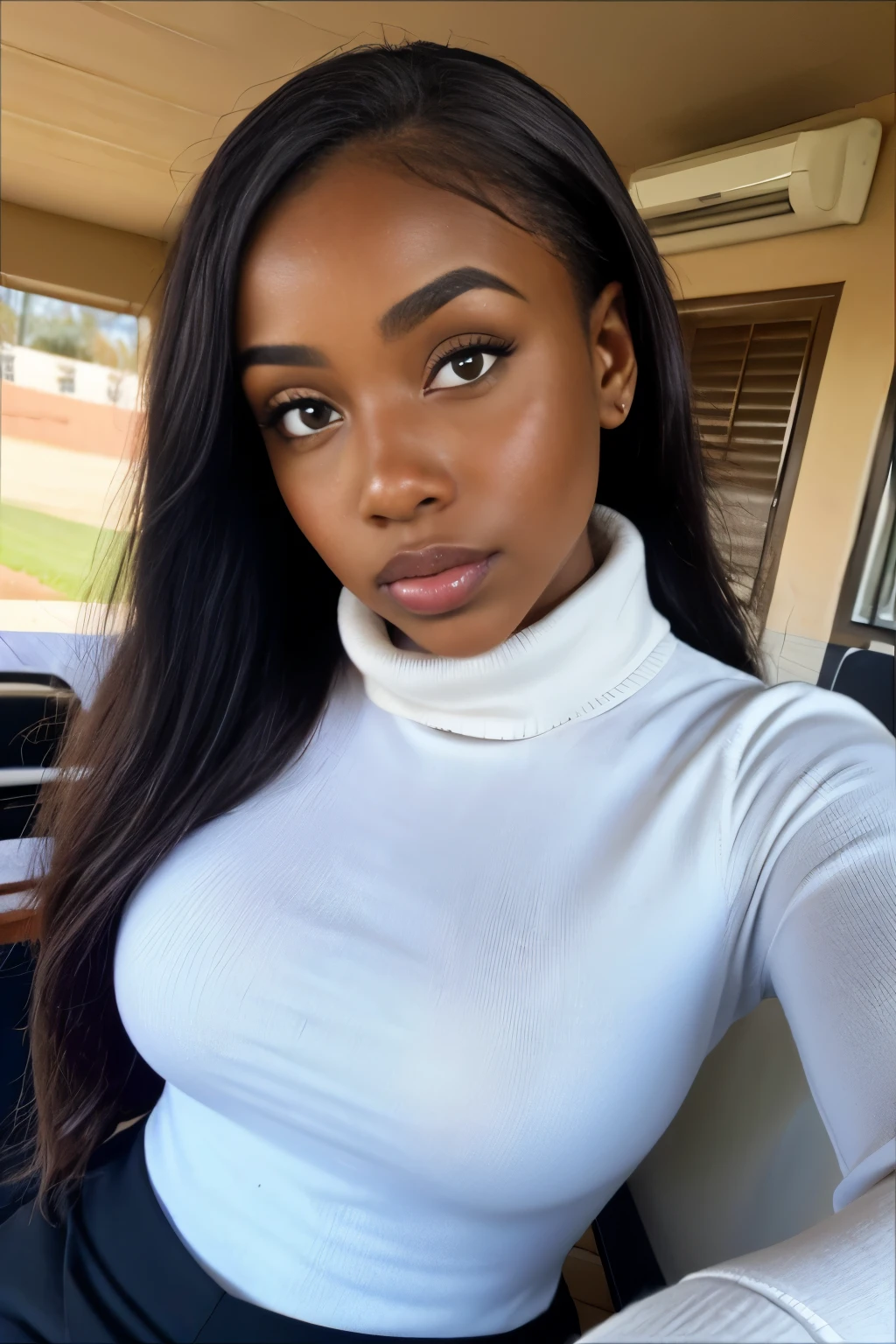 Sudanese secretary, close up, bust focus, natural light, posing for picture, greeneyes, fat lower lip, huge bimbo lips, thick lips, dark skin, traditional arab hair covering, teacher's clothes, turtleneck, suit pants, long sleeves, freckles 