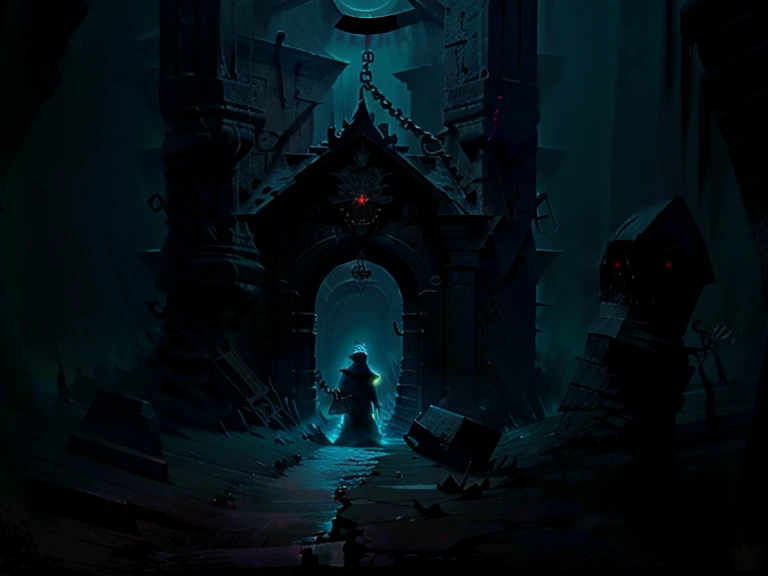 hazy & blurred a dark black pencil drawing of depression in the style of devilcore ::.5 dungeon with prisoners with chains attached to the wall, dark underground medium room, stone walls, monsters lair, broken bones, Wooden door, 