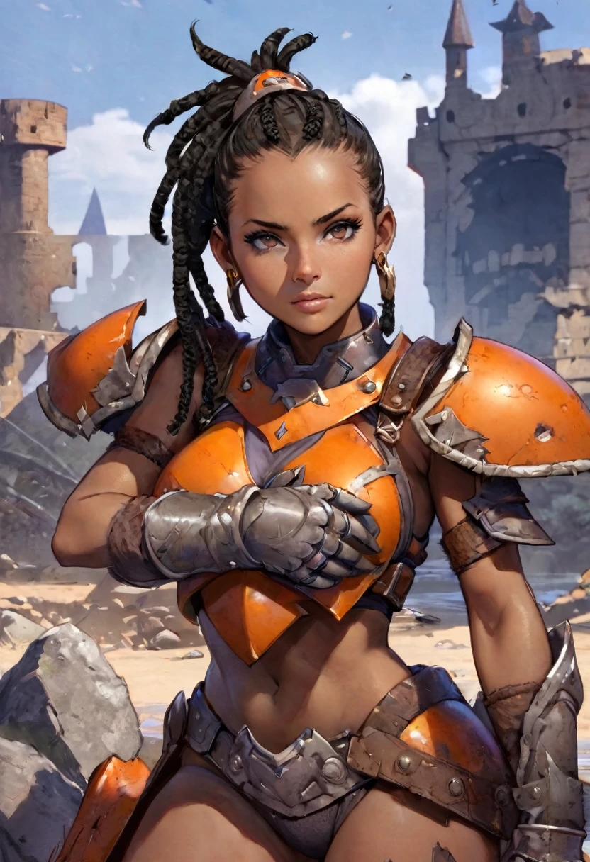 fr4z3tt4, Portrait of African woman, xlsanaa woman, with (short black dreadlocks), black hair pulled back, wearing a (heavy orange mechanical armor, power armor covering her chest and arms, orange breast plate) with large (round orange shoulder pads), chipped paint, (visible wires and gears connect the shoulder pads to the armored gloves). a [dark green undersuit:0.5] visible between the armor pieces. (Barbarian fur). Castle ruins background, large broken stones litter the area. Show her holding a large warhammer in both hands,. super high quality, super high detail, masterpiece, 4k, 8k, HDR, masters of the universe
