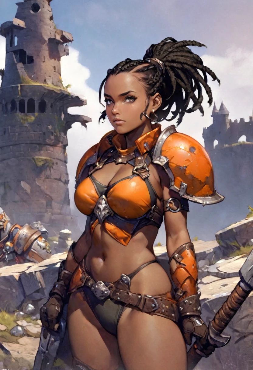 fr4z3tt4, Portrait of African woman, xlsanaa woman, with (short black dreadlocks), black hair pulled back, wearing a (heavy orange mechanical armor, power armor covering her chest and arms, orange breast plate) with large (round orange shoulder pads), chipped paint, (visible wires and gears connect the shoulder pads to the armored gloves). a [dark green undersuit:0.5] visible between the armor pieces. (Barbarian fur). Castle ruins background, large broken stones litter the area. Show her holding a large warhammer in both hands,. super high quality, super high detail, masterpiece, 4k, 8k, HDR, masters of the universe
