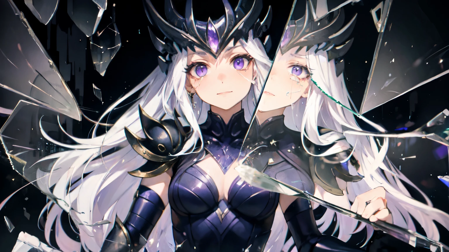 highest quality, UHD, best resolution, very detailed, broken glass with hole in the center revealing, syndra, league of legends, 1girl, hand reaching forward armor, black gloves, black thighhighs, breasts, long hair, looking at viewer, purple eyes, smile, happy, no tears, solo, thighhighs, white hair, standing, in the broken mirror's shards reflect an unhappy crying, tear stained face of hers, that is only visible inside the mirrors