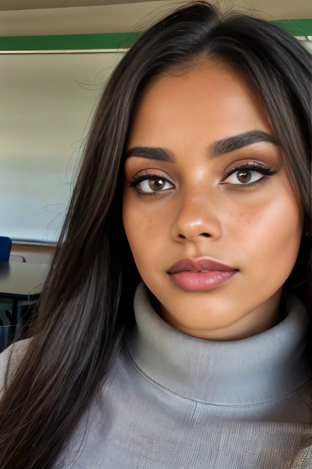 Sudanese secretary, close up, bust focus, natural light, posing for picture, greeneyes, fat lower lip, huge bimbo lips, thick lips, dark skin, traditional arab hair covering, teacher's clothes, turtleneck, suit pants, long sleeves, freckles
