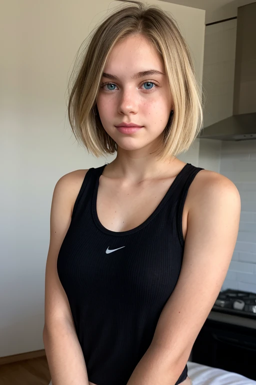 19 yo blonde teen girl . Full lips. Eyes wide.  Very short hair, wearing a tank top