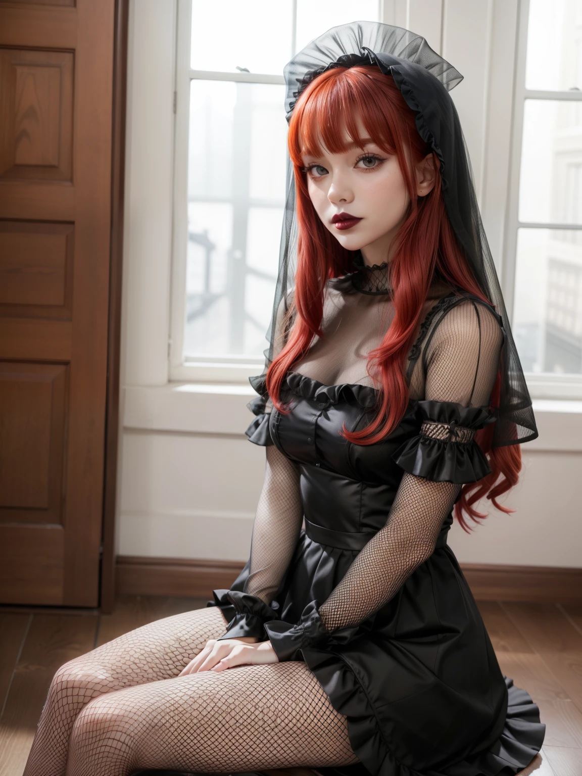 a girl with red hair and red eyes and pink lips wearing a black gothic dress