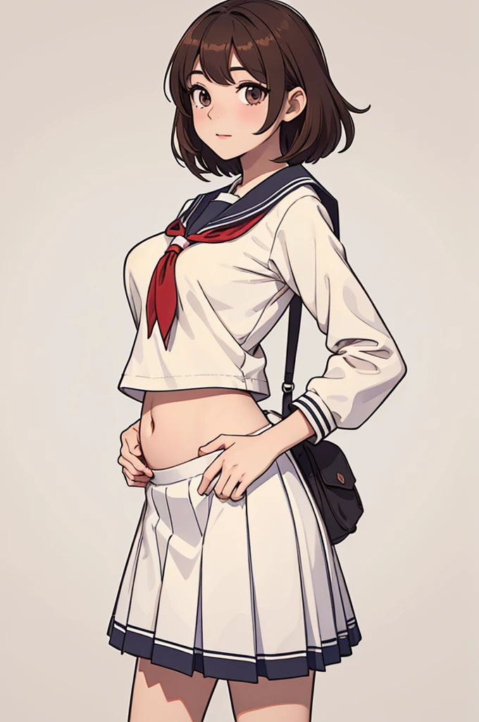 (((masterpiece, best quality, ultra highres, 1 girl, solo, no background))), super detailed skin and face and eyes and finger, young delicate girl, cute girl, very cute japanese woman, small breasts:1.5, skinny, light brown hair, white background, very short pixie hair, cowboy shot, Generate with illustrations, Various expressions, Various poses, Please draw the entire character within the frame, ensuring that the head, arms, and legs are not cut off. The background should be simple, with the character positioned centrally, outline, anime, 2d, boyish, (School uniform: 1.5), Baggy socks, (Beautiful thighs: 1.0),belly:1.2,