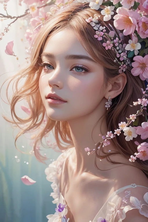 (Full body view of or) A stunningly lifelike flower woman, her flawless face seamlessly transitioning into delicate petals, adorned in a flowing chiffon gown adorned with vibrant petals glistening with dew drops. (Her shoes are made of small matching flowers.) This hyperrealistic depiction captures the essence of blooming beauty with intricate detail. The image is a mesmerizing painting that immerses viewers in the enchanting world of floral creativity. Every petal, every droplet, is intricately rendered with an unparalleled level of realism that mesmerizes the senses. Each brushstroke evokes a sense of wonder, blurring the lines between reality and art.
(Leo Phoenix- Portrait - Quality)