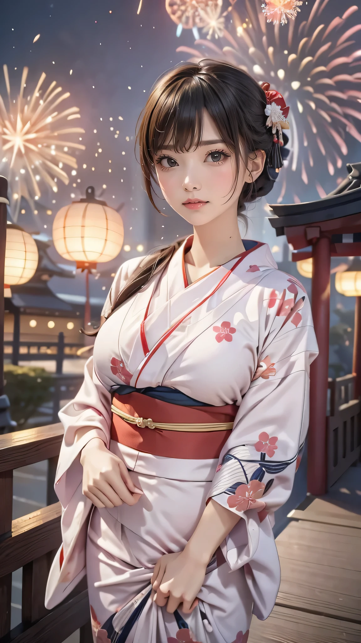 ((looking up at the fireworks:1.5)),((clothed:1.5),(japanese yukata:1.5)),(random hairstyle),(Thin type:1.5),(large breasts:1.5),(Highest image quality,(8K), Ultra-realistic, Best Quality, High quality, High Definition, high quality texture, high detailing, Beautiful detailed, fine detailed, extremely details CG, Detailed texture, realistic representation of face, masterpiece, presence)